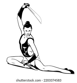 Rhythmic Gymnastics, Circus. Girl With Sword And Dagger. Vector Ink Style Outline Drawing. Shadow Is The Separate Object.