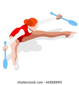 Rhythmic Gymnastics Clubs Athletes Sportswoman Games Icon Set. 3D Isometric Athlete. Sporting Championship People Set Competition. Sport Infographic Rhythmic Gymnastics Club events Vector Image.