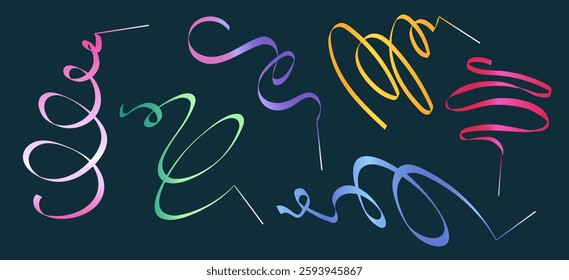 Rhythmic gymnastics colorful ribbons on dark background. Apparatus for performances. Sports equipment set isolated
