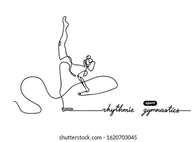 Rhythmic gymnastics  competition vector minimalistic banner. Girl, women with ribbon.  Sport event. Gymnast dances. One continuous line drawing.