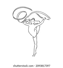 Rhythmic gymnastics competition vector minimalistic banner. Girl, women with ribbon. Sport event. Gymnast dances. One continuous line drawing.