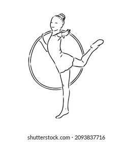 Rhythmic gymnastics competition vector minimalistic banner. Girl, women with ribbon. Sport event. Gymnast dances. One continuous line drawing.