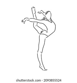 Rhythmic gymnastics competition vector minimalistic banner. Girl, women with ribbon. Sport event. Gymnast dances. One continuous line drawing.