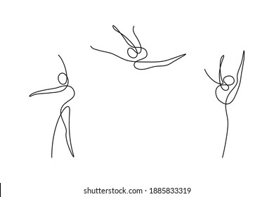 Rhythmic gymnastics in continuous line art drawing style. Abstract figures of gymnasts. Minimalist black linear design isolated on white background. Vector illustration