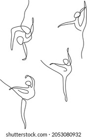 Rhythmic gymnastics in continuous line art drawing style. Abstract figures of gymnasts. Minimalist black linear design isolated on white background. Vector illustration