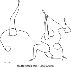 Rhythmic gymnastics in continuous line art drawing style. Abstract figures of gymnasts. Minimalist black linear design isolated on white background. Vector illustration