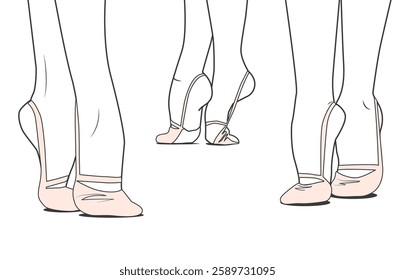 rhythmic gymnastics feet in close up, vector line set.