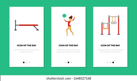 Rhythmic gymnastics flat icon set. Ball, flexible, girl isolated vector sign pack. Professional sport and achievement concept. Vector illustration symbol elements for web design and apps