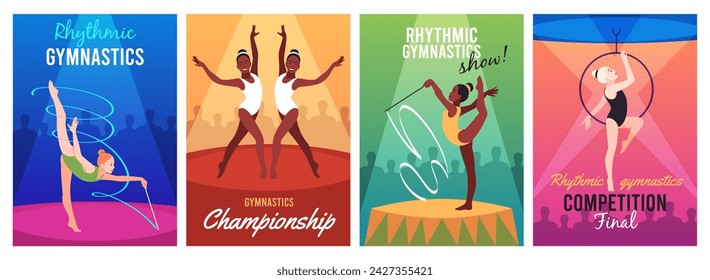 Rhythmische Gymnastik. Flexible Mädchen mit Bändern und Reifen treten bei Sportwettkämpfen, Profisportler, Einladungsposter auf akrobatische Leistung aufgeräumte Vektor-Karten, Cartoon-Flachset auf