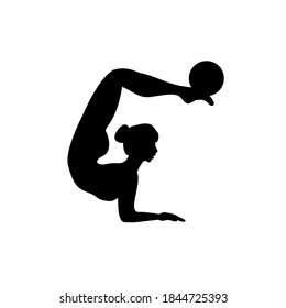 Rhythmic gymnastics girl with ball. Vector dancer silhouette black on white