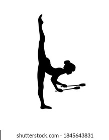 Rhythmic gymnastics girl with clubs. Vector dancer silhouette black on white