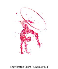 Rhythmic gymnastics girl with hoop. Vector silhouette of pink rose petals