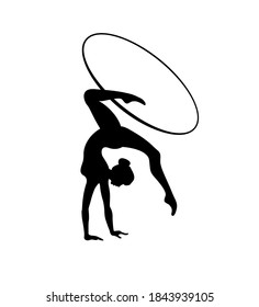 Rhythmic gymnastics girl with hoop. Vector dancer silhouette black on white