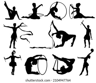 Rhythmic Gymnastics. Girl With Maces, Ball, Ribbon, Hoop, Set Of Vector Silhouettes. 