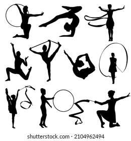 Rhythmic gymnastics, girl with ribbon, hoop and jump rope, set of vector silhouettes. 