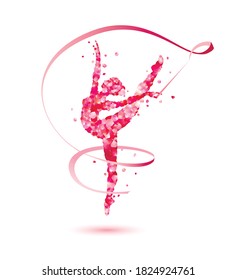 Rhythmic gymnastics girl with ribbon. Vector dancer silhouette from pink rose petals