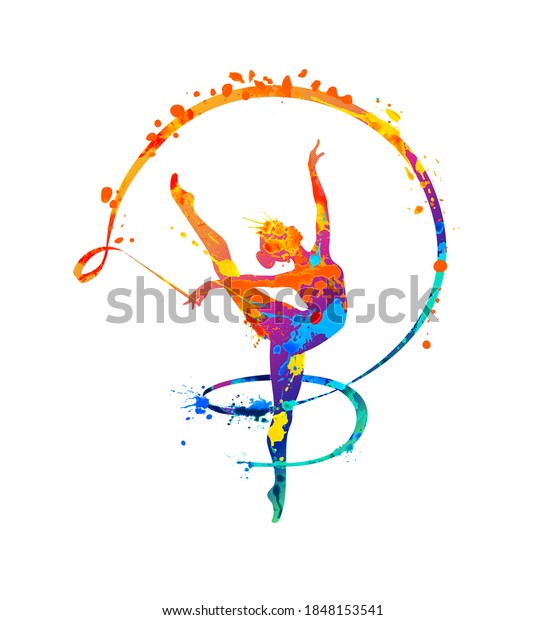 Rhythmic gymnastics girl with ribbon. Vector dancer\
silhouette of splash\
paint