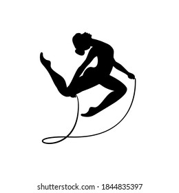 Rhythmic gymnastics girl with skipping rope. Vector dancer silhouette black on white