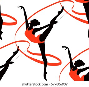 Rhythmic gymnastics. Girls are dancing with ribbons.