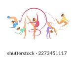 Rhythmic gymnastics girls with different inventory. Vector aesthetic dancers