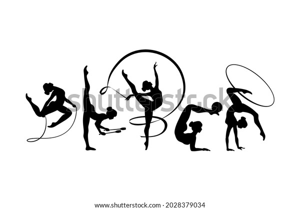 Rhythmic gymnastics girls with\
different inventory. Vector dancer silhouettes black on\
white