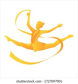 rhythmic gymnastics. gymnast in a suit with a ribbon in the jump. competition, championship, training. Vector illustration. The development of flexibility, Hobbies, sports.
