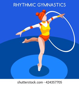 Rhythmic Gymnastics Hoop Athletes Sportswoman Games Icon Set. 3D Isometric Athlete. Sporting Championship People Set Competition. Sport Infographic Rhythmic Gymnastics Hoop events Vector Image