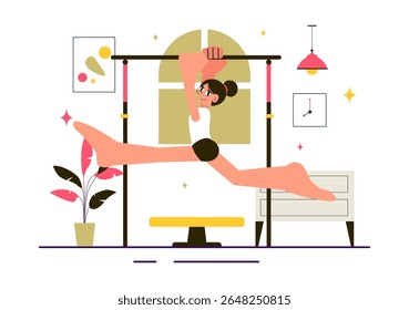 Ilustração de ginástica rítmica com atletas profissionais realizando movimentos acrobáticos artísticos, mostrando força e flexibilidade em casa