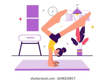 Ilustração de ginástica rítmica com atletas profissionais realizando movimentos acrobáticos artísticos, mostrando força e flexibilidade em casa