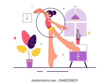 Ilustração de ginástica rítmica com atletas profissionais realizando movimentos acrobáticos artísticos, mostrando força e flexibilidade em casa