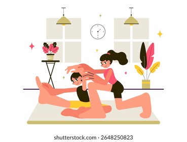 Ilustração de ginástica rítmica com atletas profissionais realizando movimentos acrobáticos artísticos, mostrando força e flexibilidade em casa