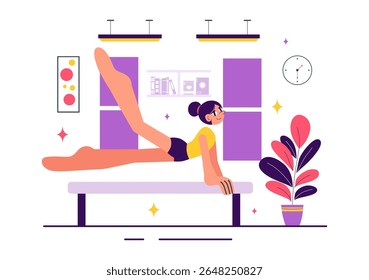 Ilustração de ginástica rítmica com atletas profissionais realizando movimentos acrobáticos artísticos, mostrando força e flexibilidade em casa