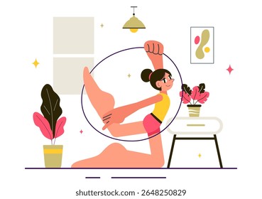 Rhythmic Gymnastics Illustration Featuring Professional Athletes Performing Artistic Acrobatic Moves, Showcasing Strength and Flexibility at Home