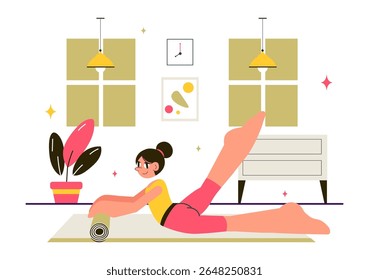 Ilustração de ginástica rítmica com atletas profissionais realizando movimentos acrobáticos artísticos, mostrando força e flexibilidade em casa