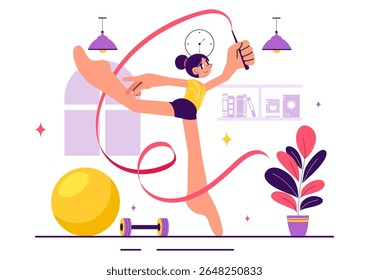Ilustração de ginástica rítmica com atletas profissionais realizando movimentos acrobáticos artísticos, mostrando força e flexibilidade em casa