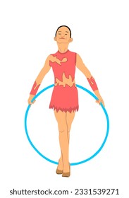 Rhythmic Gymnastics lady with hoop. Athlete woman in gym exercise. Grace ballet dancer girl vector illustration figure performance isolated on white background. Gymnastic flexible woman in leotard.
