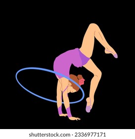 Rhythmic Gymnastics lady with hoop. Athlete woman in gym exercise. Grace ballet dancer girl vector illustration figure performance isolated on black background. Gymnastic flexible woman in leotard.