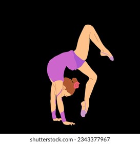 Rhythmic Gymnastics lady vector illustration isolated on black background. Athlete woman in gym exercise. Grace ballet dancer girl figure performance. Gymnastic flexible woman in leotard.