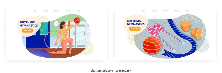 Rhythmic Gymnastics Landing Page Design, Website Banner Vector Template Set. Girl Gymnast Performing With Ball.