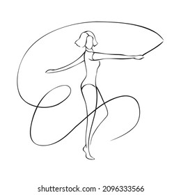 Rhythmic gymnastics line art, art poster. Fashion illustration. Line drawing of an attractive woman with a ribbon.