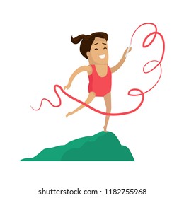 Rhythmic gymnastics little girl with ribbon vector. Female smiling having active leisure and pastime, athletic gymnastic woman with lace on stick