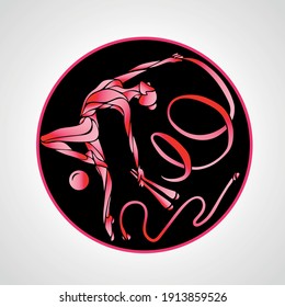 Rhythmic gymnastics logo. Gymnastic girl in a circle with hoop, clubs, a ribbon, skipping rope and a ball