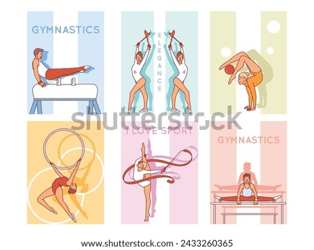 Rhythmic gymnastics posters. Flexible and strong athletes, girls and boys with sports equipment, bars, trestle, maces and hoops, competition banner, cartoon flat style isolated vector set