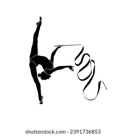 Rhythmische Gymnastik mit Flachband-Siebdruck-Vektorgrafik einzeln auf weißem Hintergrund. Schwarz-Weiß-Rhythmische Gymnastik weibliche Athleten Symbol.