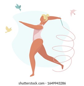 Rhythmic gymnastics with ribbon. Gymnast 
training with ribbon. Womann in outfit with tape. Training girl in pink swimsuit. Birds on background. Flat vector illustration