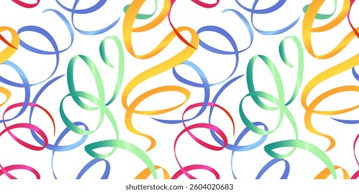 Rhythmic gymnastics ribbons, cute seamless pattern with serpentine streamer. Colorful, abstract print for wrapping paper, fabric, wallpaper 
