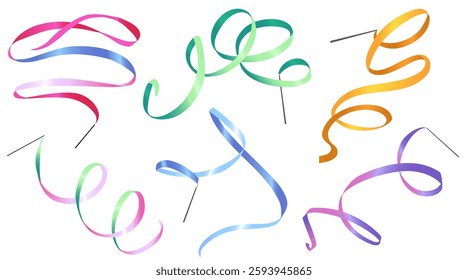 Rhythmic gymnastics ribbons on sticks. Apparatus for floor performance. Sports equipment set isolated on white background
