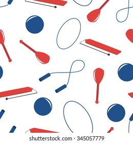 Rhythmic gymnastics seamless pattern. Background of clubs, hoola hoop, ball, ribbon, jumping-rope. Isometric sports equipment texture. Design for web, app, game, informing, brochure