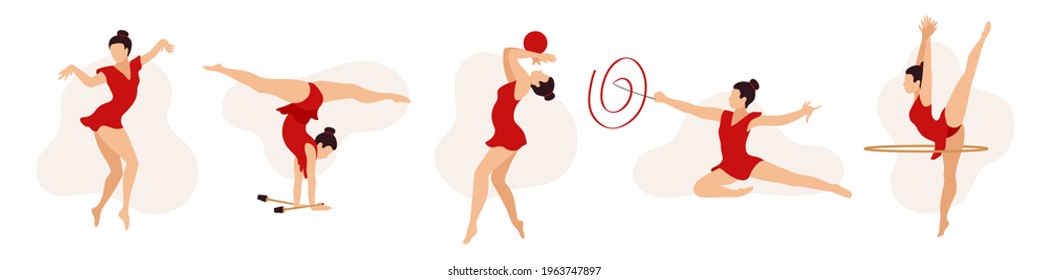 Rhythmic gymnastics. Set of rhythmic gymnasts with ball, ribbon, hoop, clubs. Athletes women in different poses. Flat vector illustration.