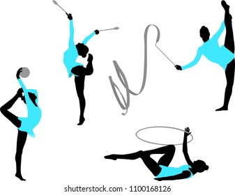 rhythmic gymnastics silhouettes - vector 